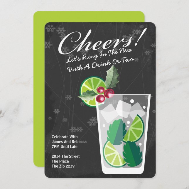 Invitación Fiesta de cócteles Mojito de Año Nuevo personaliza (Anverso / Reverso)