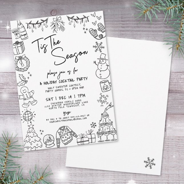Invitación Fiesta de Cócteles Navideños Excéntricos Dibujados (Hand Drawn Quirky Holiday Cocktail Party Invitation )