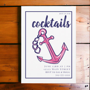 Invitación Fiesta de cócteles Navy Náutico y Ancla Rosa