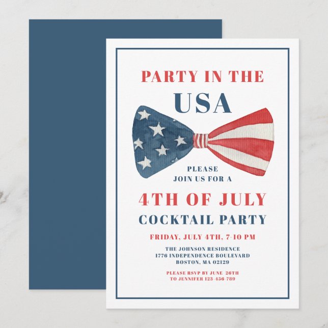 Invitación Fiesta De Cócteles Patriótico Bow 4 De Julio (Anverso / Reverso)