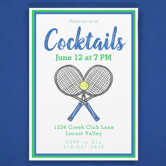 Invitación Fiesta de cócteles Preppy Blue Tennis Racquets (Subido por el creador)