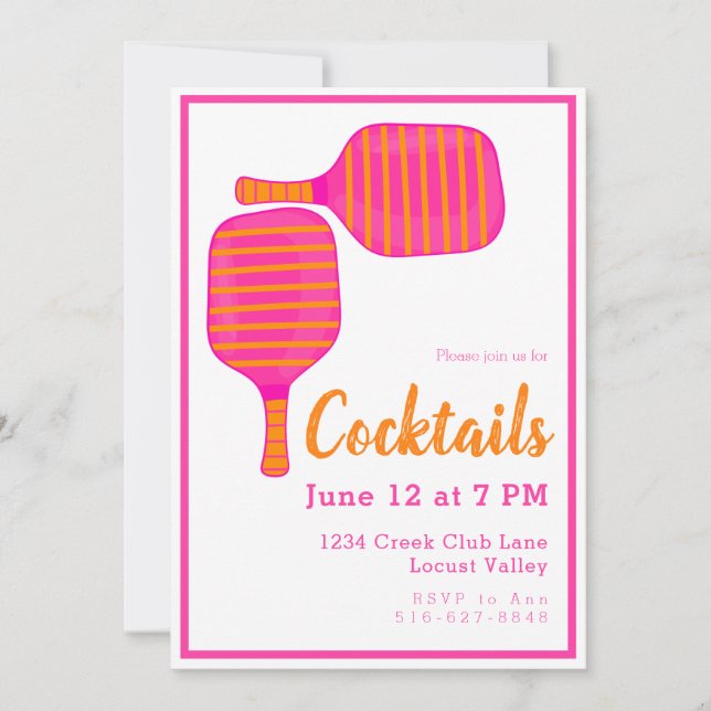 Invitación Fiesta de cócteles Preppy Pickleball Naranja Rosa (Anverso)