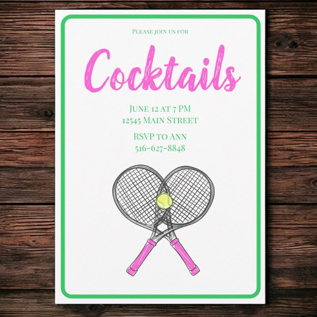 Invitación Fiesta de cócteles Preppy Pink Tennis Racquets (Subido por el creador)