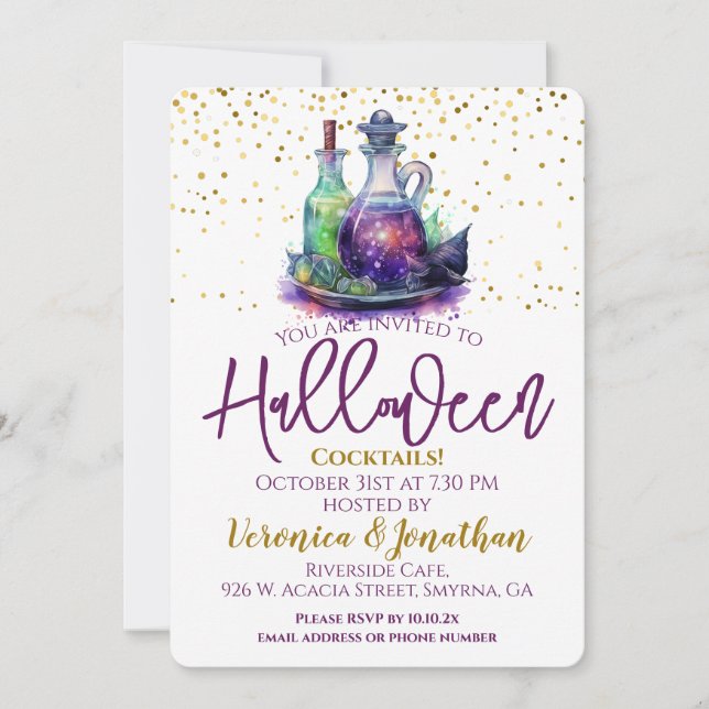 Invitación Fiesta de cócteles Purple Gold Halloween (Anverso)