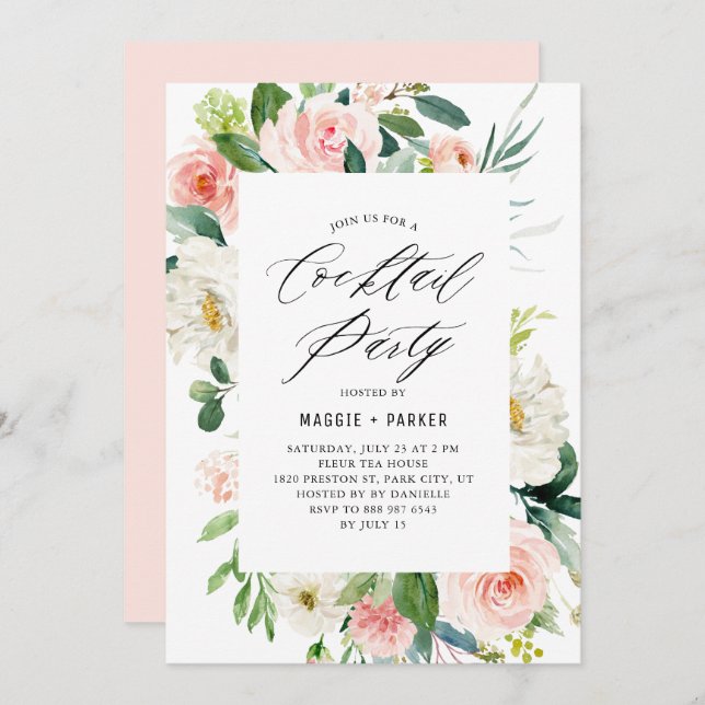 Invitación Fiesta de cócteles Romantic Watercolor Peach Flora (Anverso / Reverso)