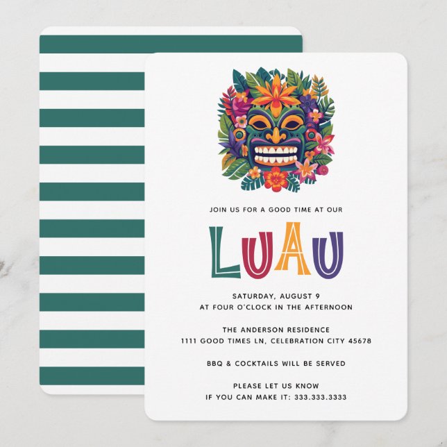 Invitación Fiesta de cócteles Tiki Luau Tropical Moderno (Anverso / Reverso)