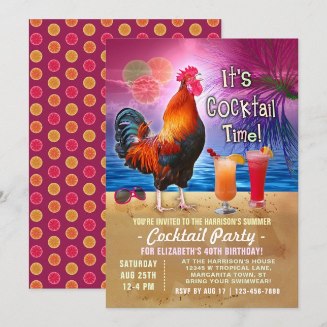 Invitación Fiesta de cócteles Tropical Rooster Funny Cumpleañ (Anverso / Reverso)