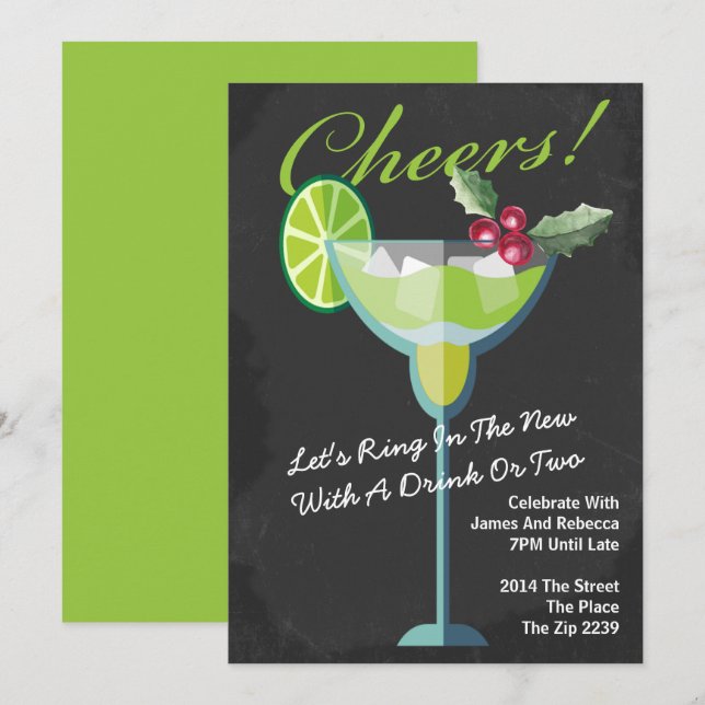 Invitación Fiesta de cócteles verdes de Año Nuevo personaliza (Anverso / Reverso)