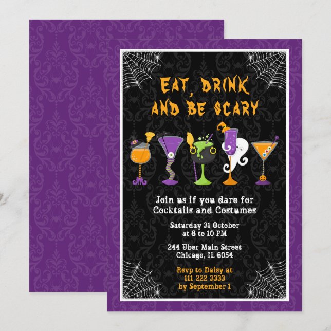 Invitación Fiesta de Cócteles y Disfraces de Halloween Morado (Anverso / Reverso)