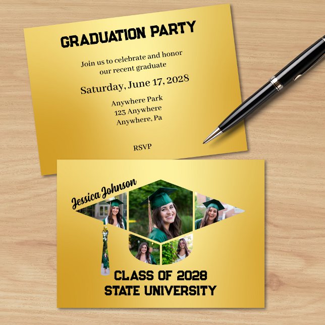 Invitación Fiesta de Collage de fotos de forma de graduación  (Matching Gold Graduation Shape Photo Collage Party Invitation)