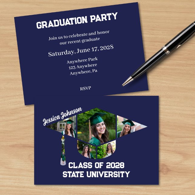 Invitación Fiesta de Collage de fotos de graduación azul de l (Modern Navy Blue Party Invitation with a Graduation Cap Shape Photo Collage )