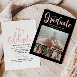 Invitación fiesta de Collage de fotos Graduado Rosa Gold Scri