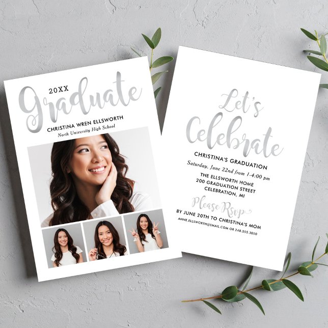 Invitación fiesta de Collage de fotos Graduado Silver Script  (Subido por el creador)
