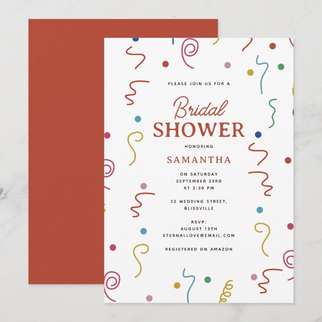 Invitación Fiesta de colores Confetti Bridal Shower (Anverso / Reverso)