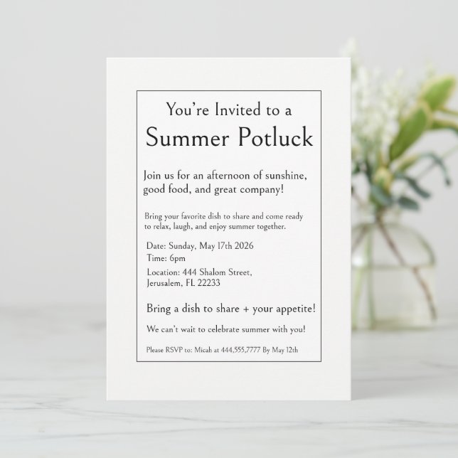 Invitación Fiesta de comida compartida de verano, minimalismo (Anverso de pie)