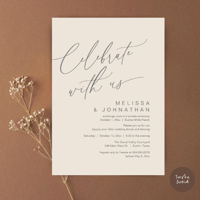 Invitación Fiesta de Comida de Boda Romántica, Celebra con no (Romantic Wedding Dinner Party, Celebrate with us Lunch Brunch Modern Invites Card  PDF Cream Grey)