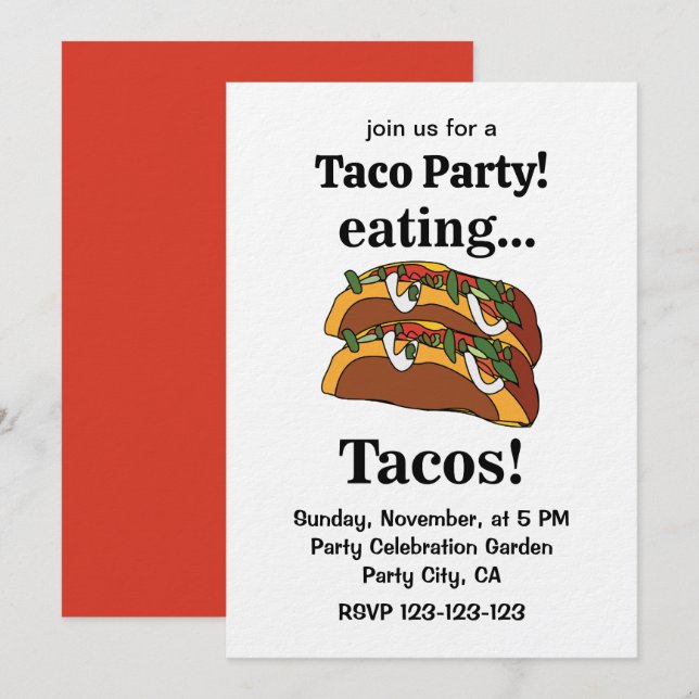 Invitación Fiesta de Comida de Tacos Tacos (Anverso / Reverso)