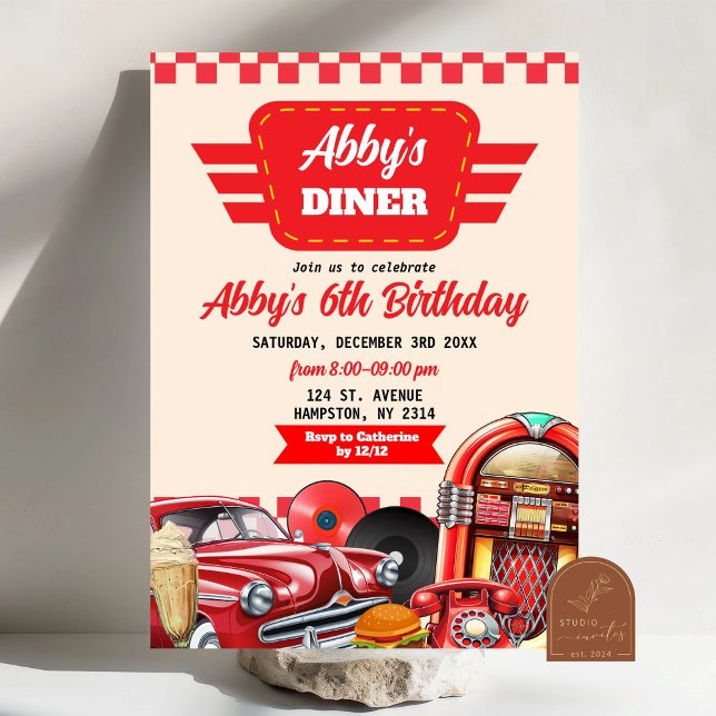 Invitación Fiesta de Comida Retro Rojo Coche Años 50 (Subido por el creador)