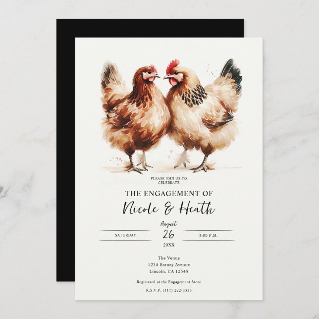 Invitación Fiesta de compromiso acuarela gallinas marrones rú (Anverso / Reverso)