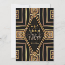 Invitación Fiesta de compromiso Art Deco moderno negro y dora