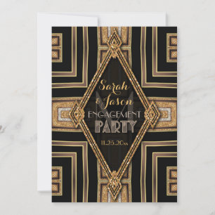 Invitación Fiesta de compromiso Art Deco moderno negro y dora