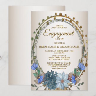 Invitación Fiesta de Compromiso Azul Floral Dorado Vintage