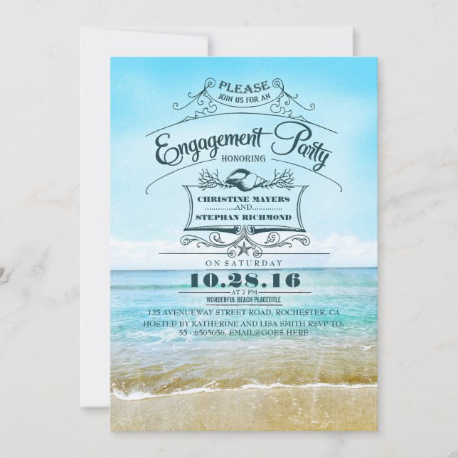 Invitación fiesta de compromiso azul playa Retro (Anverso)