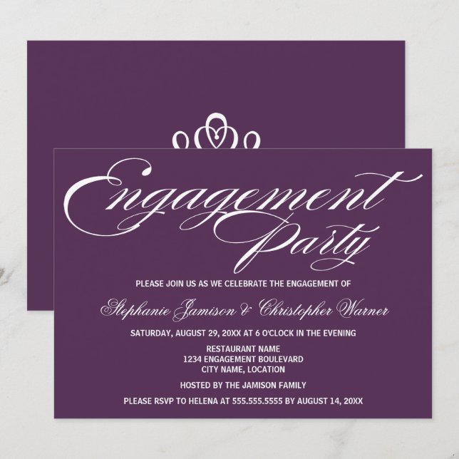 Invitación Fiesta de Compromiso Berenjena Elegancia Caligrafí (Anverso / Reverso)