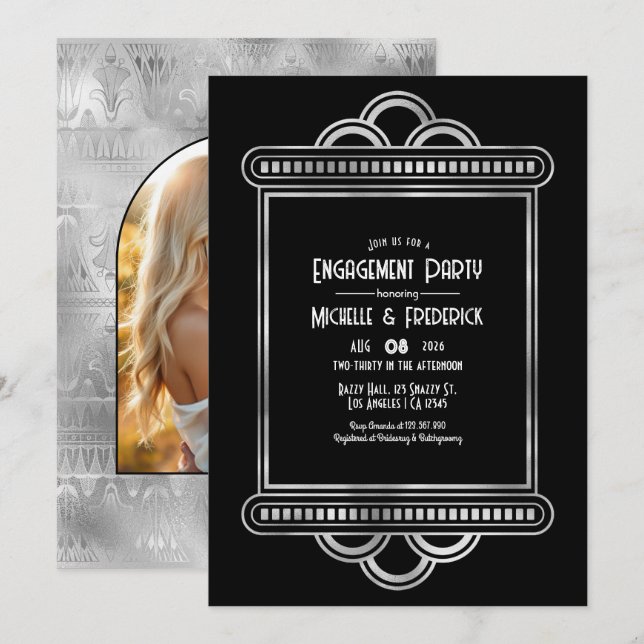 Invitación Fiesta de compromiso Black & Silver Gatsby Art Dec (Anverso / Reverso)