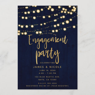 Invitación Fiesta de compromiso Blue Gold Rustic Wood & Light