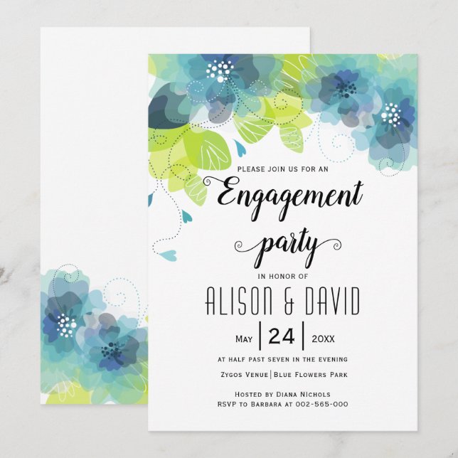 Invitación fiesta de compromiso boda de flores azules verde a (Anverso / Reverso)