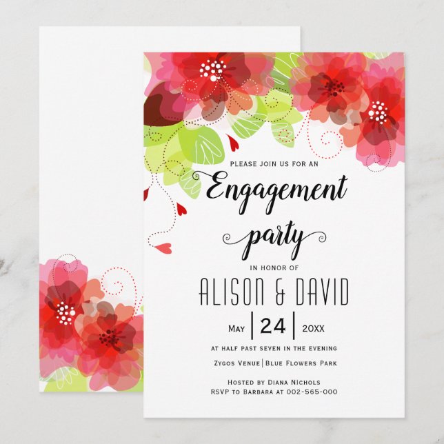 Invitación Fiesta de compromiso boda de flores rojas y rosas (Anverso / Reverso)