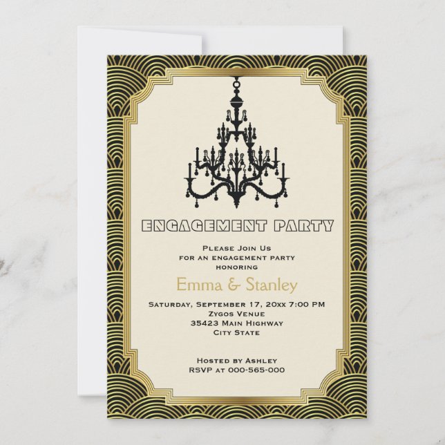 Invitación Fiesta de compromiso boda de oro con lámparas de a (Anverso)