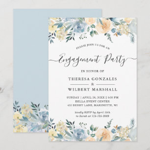 Invitación Fiesta de Compromiso Bohemio Floral Vainilla Azul