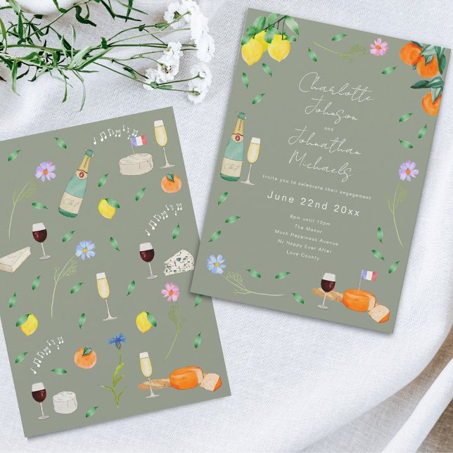 Invitación Fiesta de Compromiso Bohemio Francés de Vino y Que (Wildflower boho citrus wine and cheese sage green french destination wedding invitation )