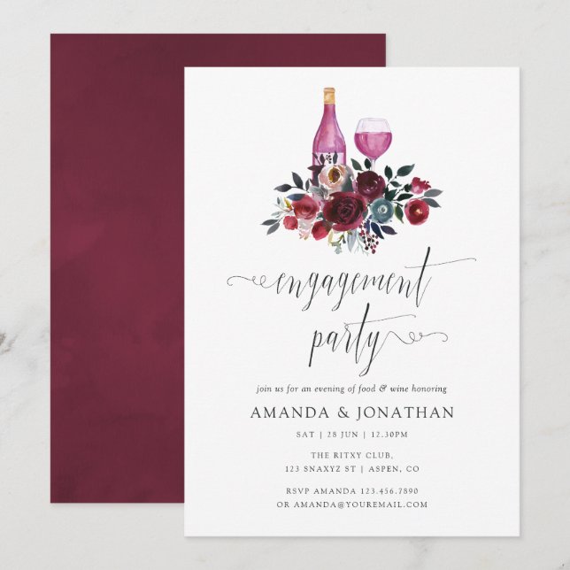 Invitación Fiesta de compromiso Boho Burgundy y Navy cata de  (Anverso / Reverso)