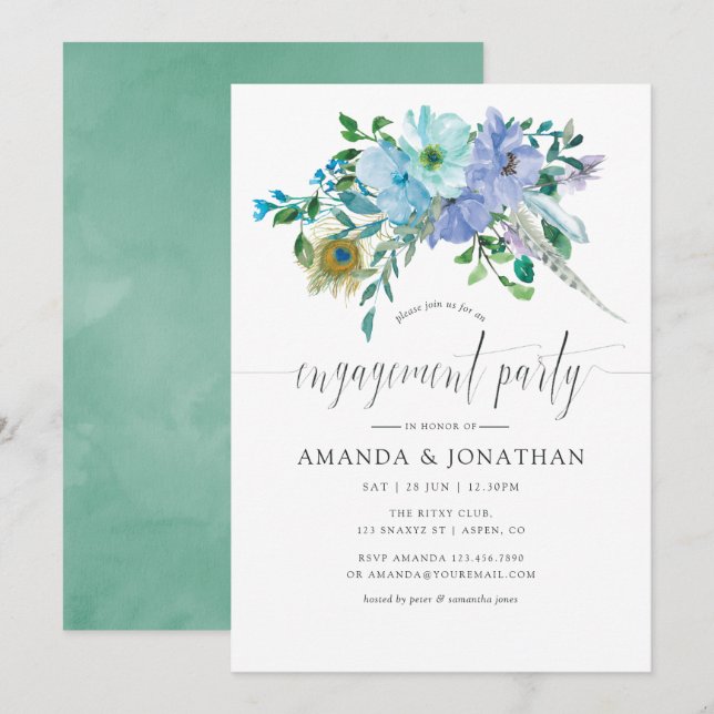 Invitación Fiesta de compromiso boho con acuarela de menta y  (Anverso / Reverso)
