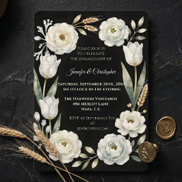 Invitación Fiesta de compromiso botánica blanca negra tempera