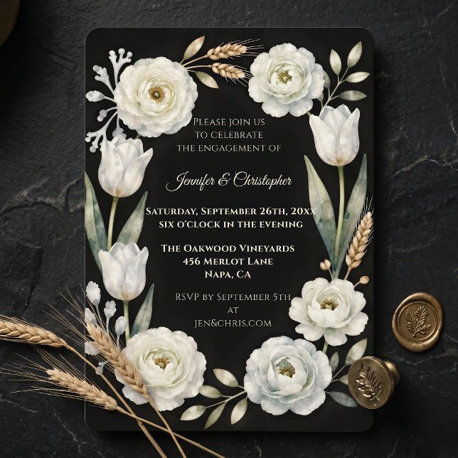 Invitación Fiesta de compromiso botánica blanca negra tempera (Subido por el creador)