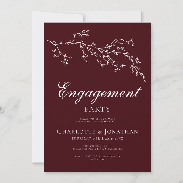 Invitación Fiesta de Compromiso Botánico Burgundy & Marfil (Anverso)