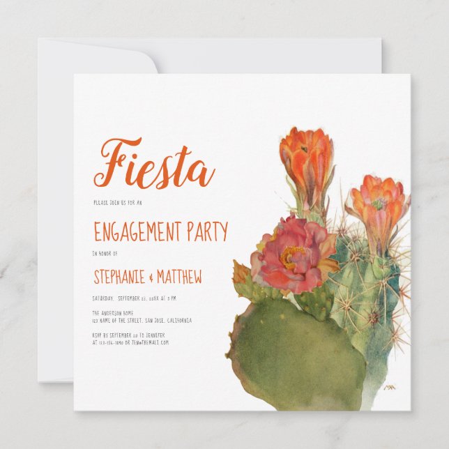 Invitación Fiesta de compromiso Cactus Aquarela Letra floral (Anverso)