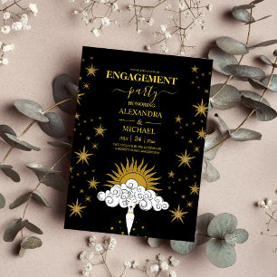 Invitación Fiesta de Compromiso Celestial de Oro Negro Místic