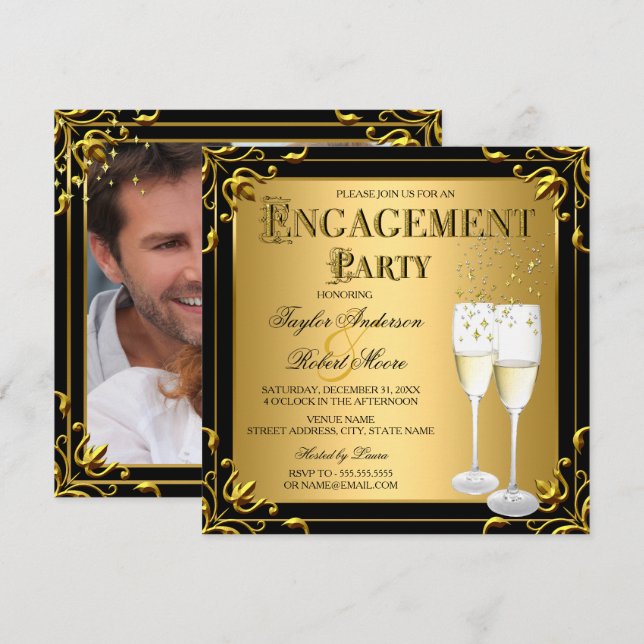 Invitación Fiesta de compromiso Champagne Falso Oro Negro Fot (Anverso / Reverso)
