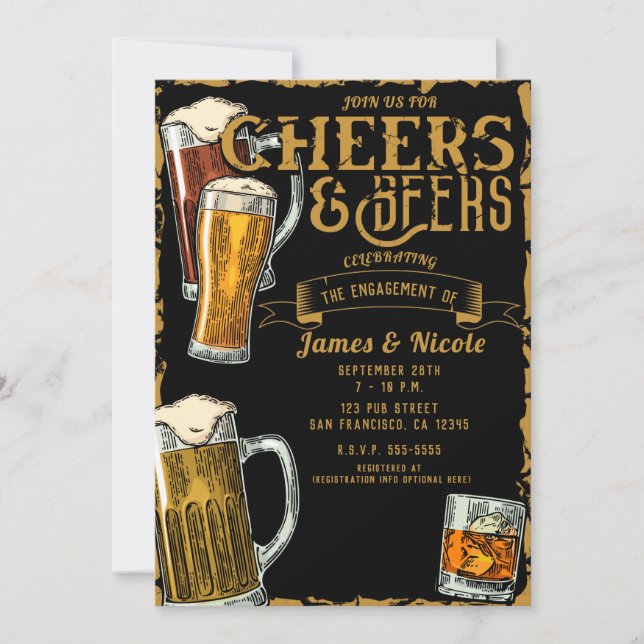 Invitación Fiesta de compromiso Cheers & Beers Gold Black Pub (Anverso)