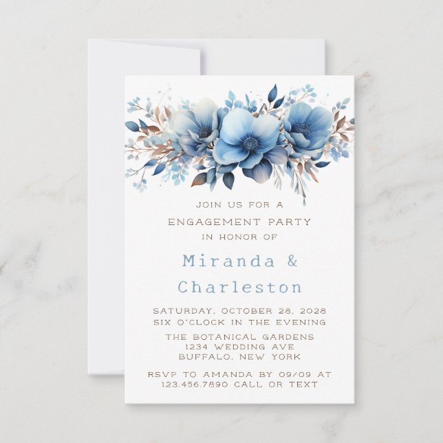 Invitación Fiesta de compromiso Chic Flores Azules Blancas (Anverso)