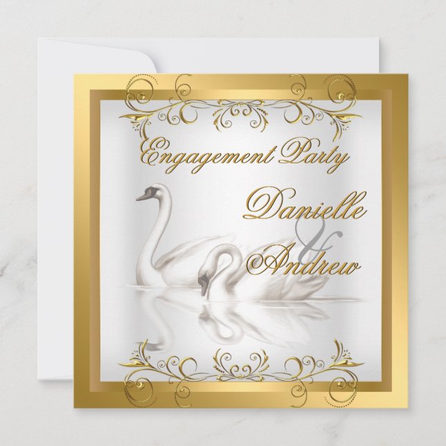 Invitación Fiesta de compromiso cisnes oro blanco elegante (Anverso)