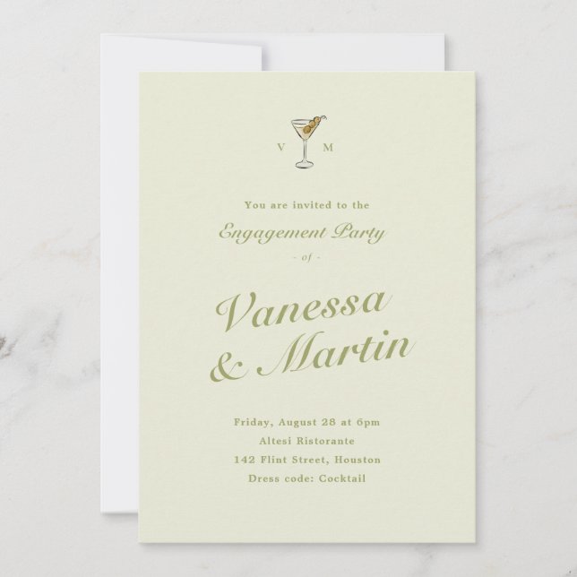 Invitación Fiesta de Compromiso Clásico Olive Martini (Anverso)