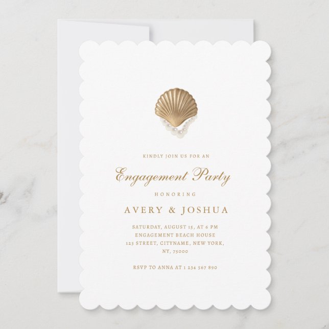 Invitación Fiesta de Compromiso Coastal Gold Seashell & Pearl (Anverso)