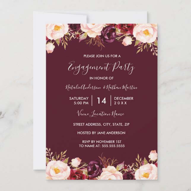 Invitación Fiesta de Compromiso con Acuarela Rojo Borgoña Mar (Anverso)
