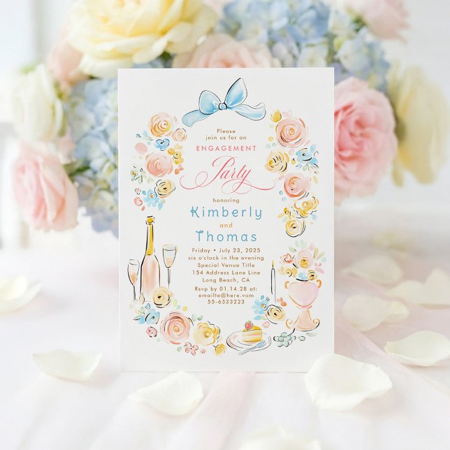 Invitación Fiesta de Compromiso con Arco Floral Caprichoso Di (Pastel Floral Whimsical Engagement Party Invitations)